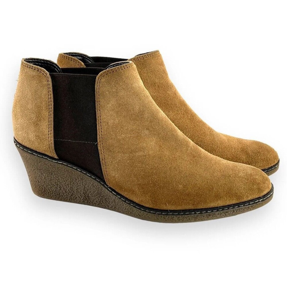 The FLEXX Chelsea Wedge Ankle Boots Size 10 Brown Tan Suede Heel Booties Comfort